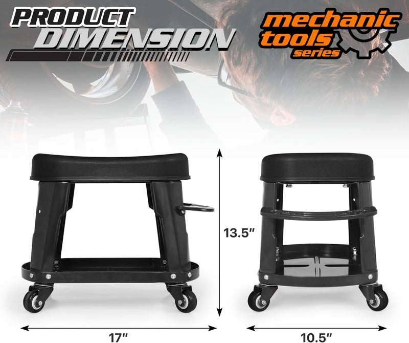M-AUTO Heavy Duty Garage Rolling Work Seat 300LBS Capacity Mechanics Stool with Wheels, Equipment Tray and Tool Rack, Rectangle Mechanic Roll Chair, Black, ( A03-RS-004-BK) - Image 3